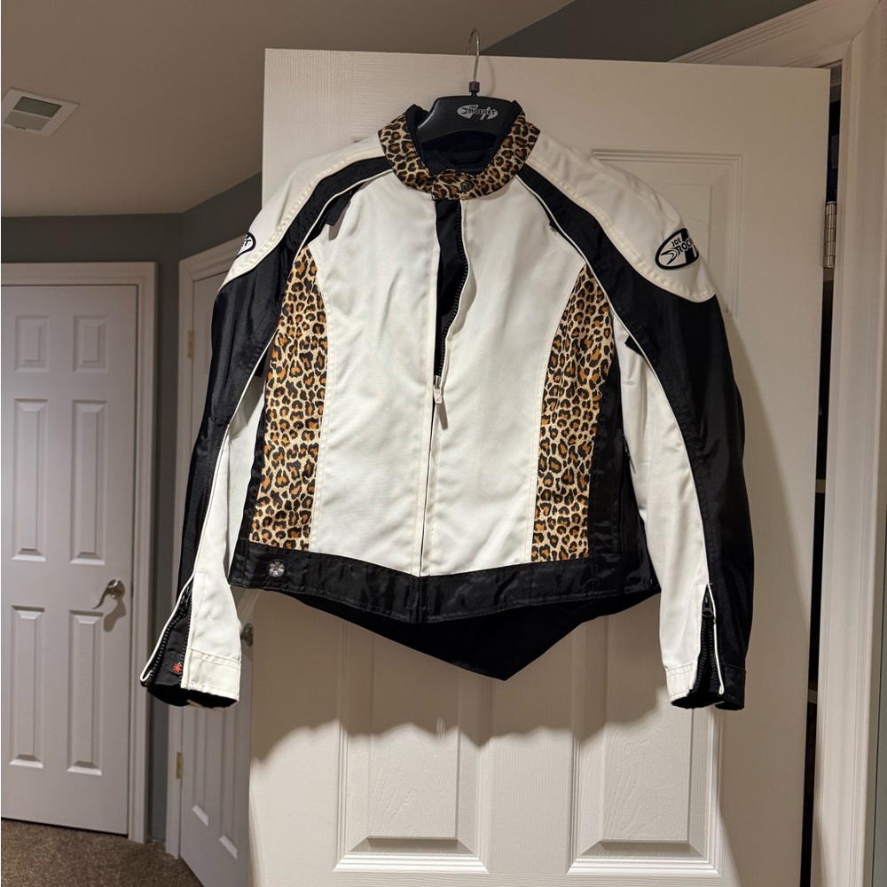Joe Rocket Women's Leather Jacket in White and Leopard Print